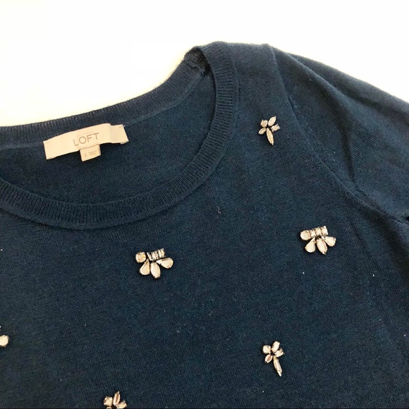 LOFT Navy Jeweled 3/4 Sleeves Crewneck Sweater - Picture 3 of 7